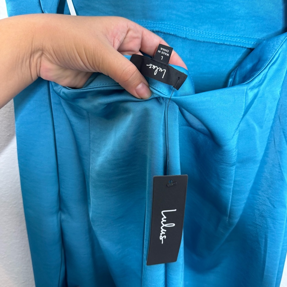 Lulu's Remarkable Style Blue Satin Twist-Back‎ Cutout Wide-Leg Jumpsuit - Picture 9 of 10